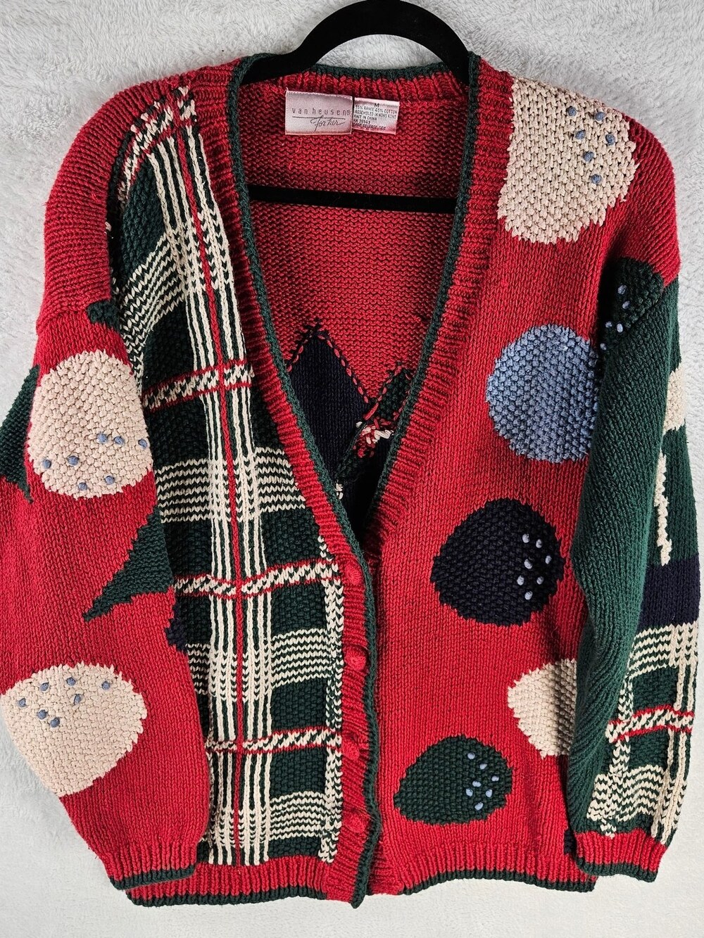 Vintage 90s Van Heusen Cardigan Sweater Red Plaid Women's Size Medium